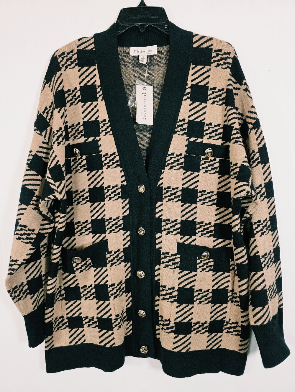 NWT Philosophy Republic Clothing Oversized Houndstooth Cardigan Sweater Gold But